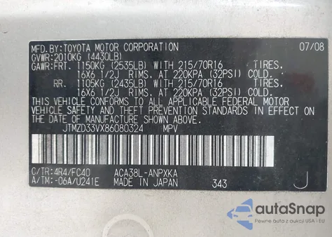 2008 Toyota Rav4 из США, поврежденный, VIN JTMZD33VX86080324